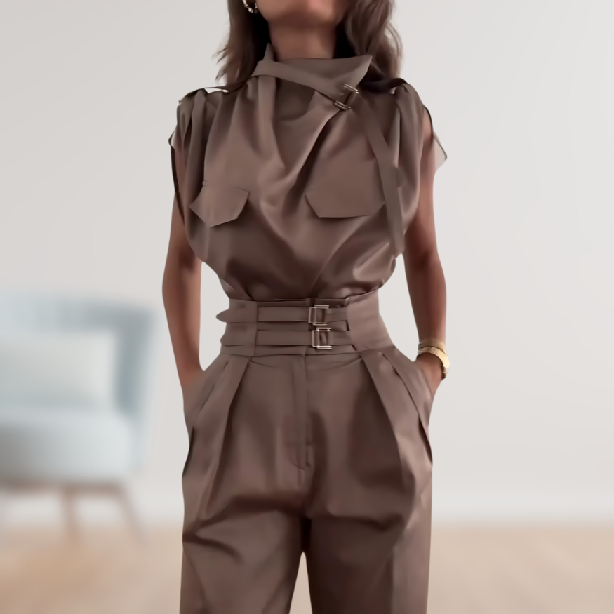 Damen-Jumpsuit mit dekorativem Gürtel – Eleganter Einteiler für vielseitige Anlässe