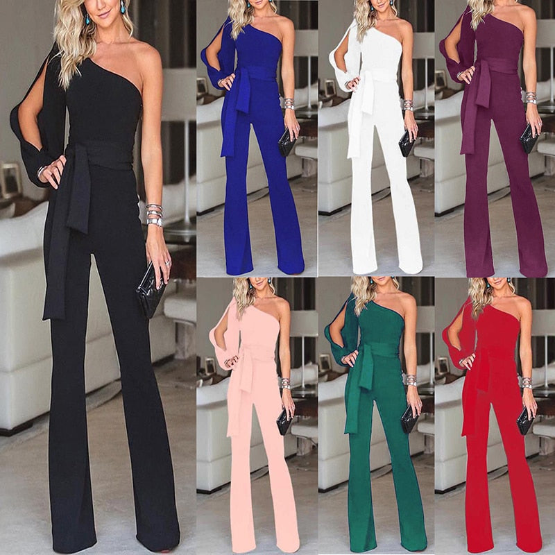 Eleganter Damen Jumpsuit mit One-Shoulder-Design | Schmaler Schnitt mit Schleifengürtel