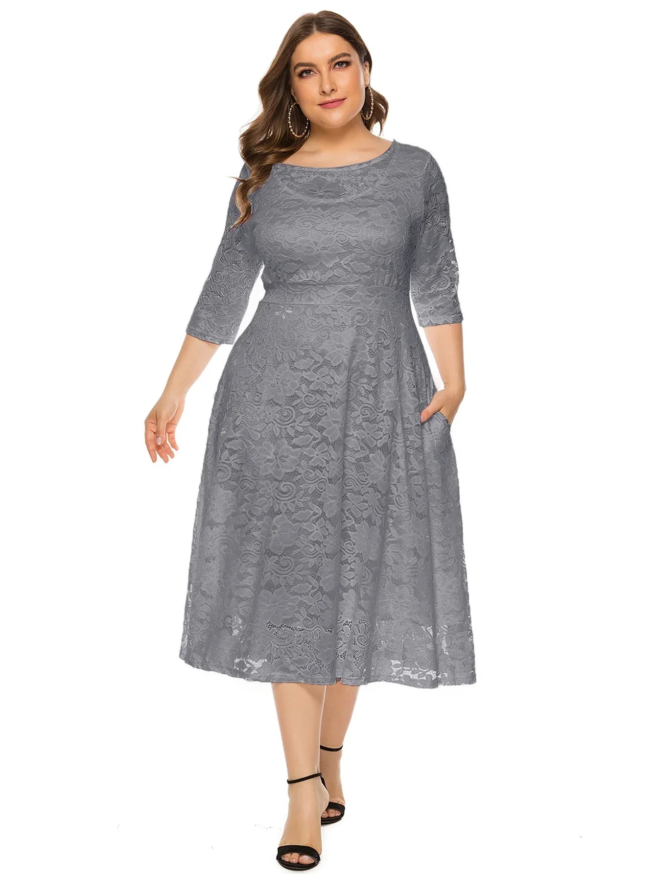 Elegantes Spitzenkleid für Damen | Lang geschnittenes Kleid mit Kontrast-Spitze