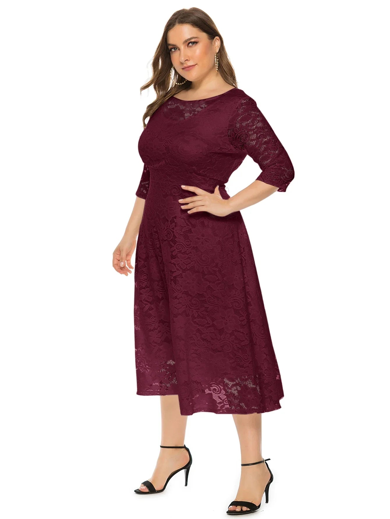 Elegantes Spitzenkleid für Damen | Lang geschnittenes Kleid mit Kontrast-Spitze