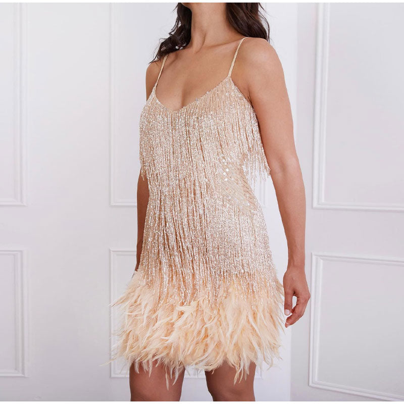 Vanessa | Cocktailkleid mit Spaghettiträgern und Federn | Glamouröses Minikleid für Partys