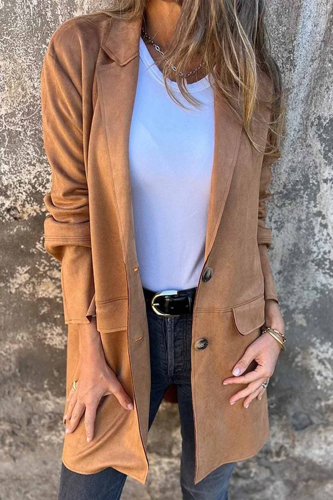 Wildleder Blazer Damen – Tailliert mit Revers & Einreiher 2-Knopf