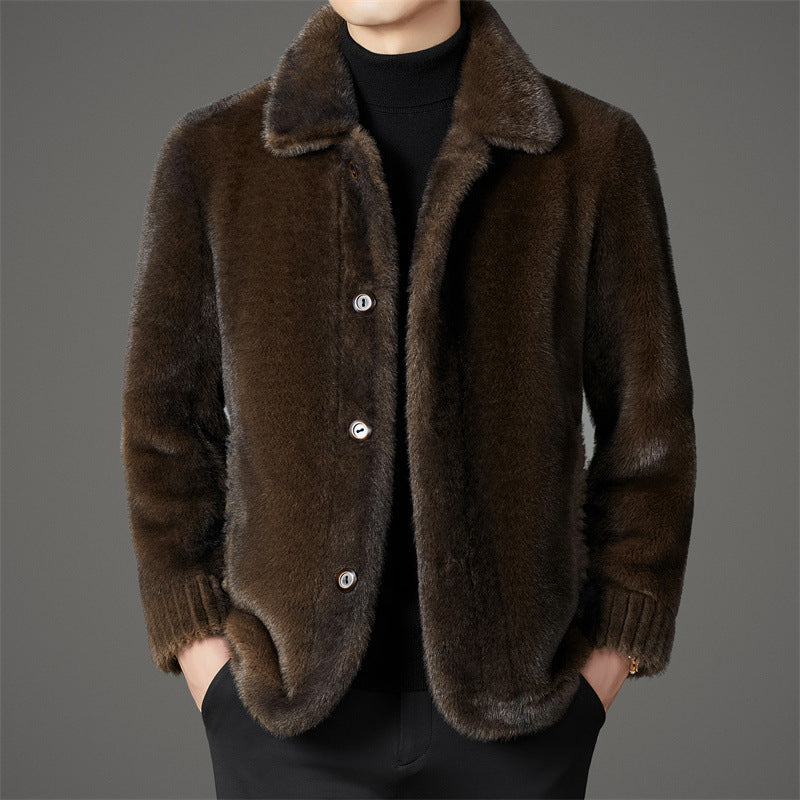 Eleganter Herren Wintermantel aus goldfarbenem Nerzfell mit Wolle und Kragen für die Freizeit