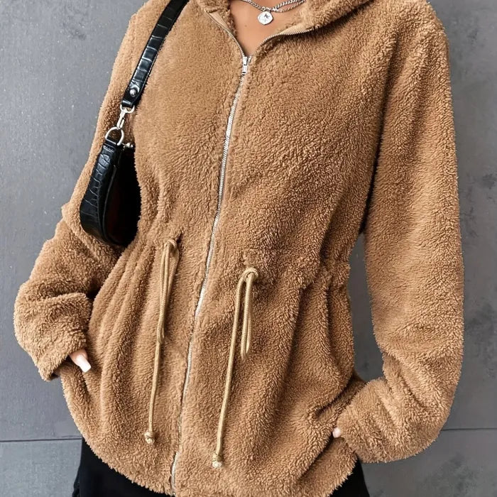 Damen Teddyjacke mit Kapuze und Kordelzug – Lässige Einfarbige Zip-Up Außenbekleidung