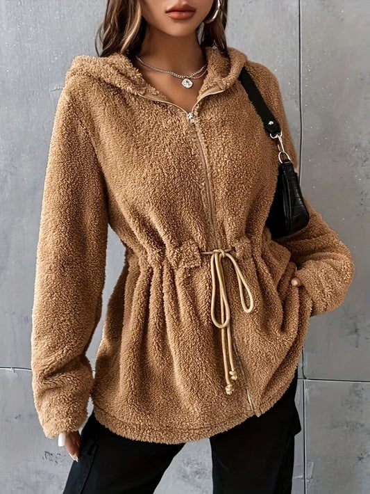 Damen Teddyjacke mit Kapuze und Kordelzug – Lässige Einfarbige Zip-Up Außenbekleidung