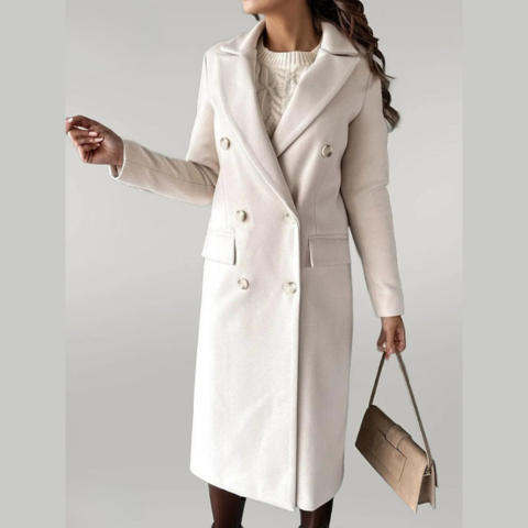 Damen Wollmantel – Zweireiher lang mit taillierter Passform & Revers