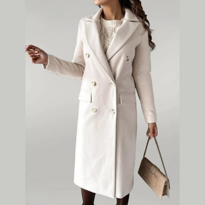 Damen Wollmantel – Zweireiher lang mit taillierter Passform & Revers