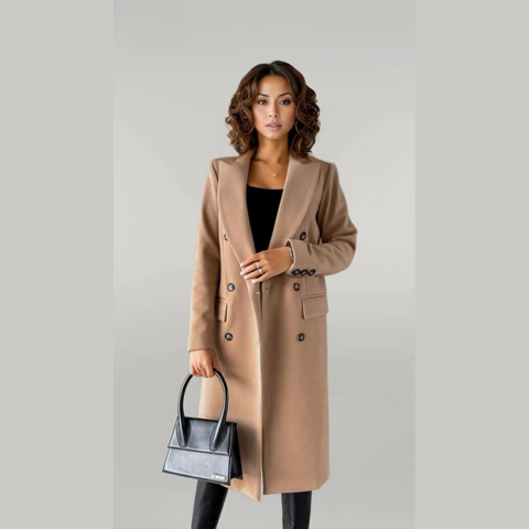 Damen Wollmantel – Zweireiher lang mit taillierter Passform & Revers