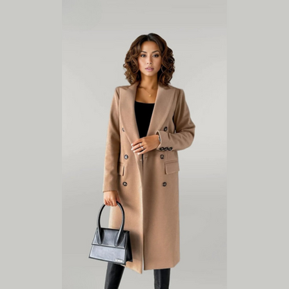 Damen Wollmantel – Zweireiher lang mit taillierter Passform & Revers
