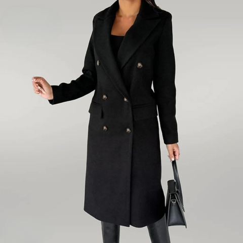 Damen Wollmantel – Zweireiher lang mit taillierter Passform & Revers