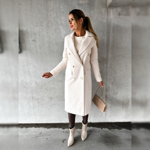 Damen Wollmantel – Zweireiher lang mit taillierter Passform & Revers