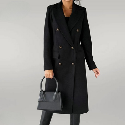 Damen Wollmantel – Zweireiher lang mit taillierter Passform & Revers