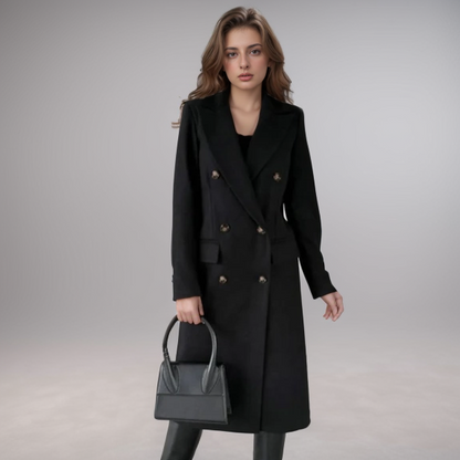 Damen Wollmantel – Zweireiher lang mit taillierter Passform & Revers