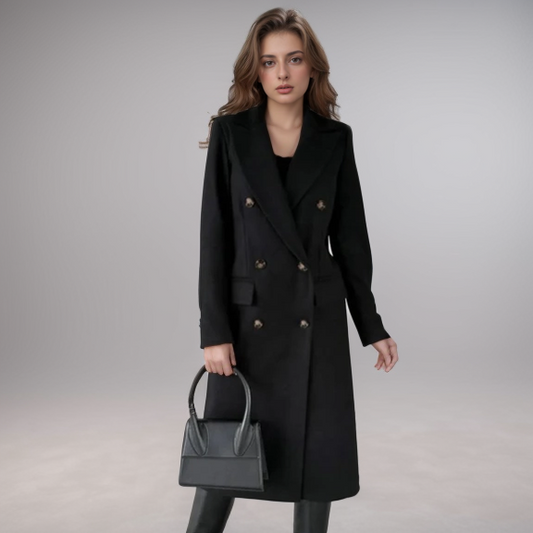 Damen Wollmantel – Zweireiher lang mit taillierter Passform & Revers