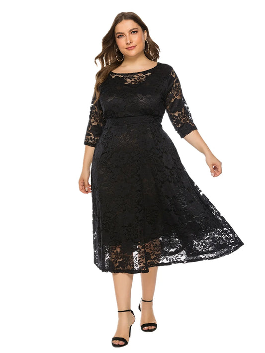 Elegantes Spitzenkleid für Damen | Lang geschnittenes Kleid mit Kontrast-Spitze