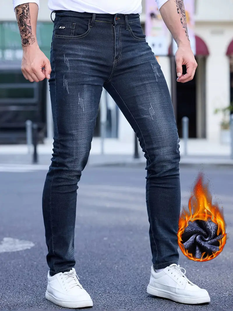 Gemütliche Fleece-Denim-Hosen für Herren mit Taschen - Ideale Baumwollhose für kalte Tage